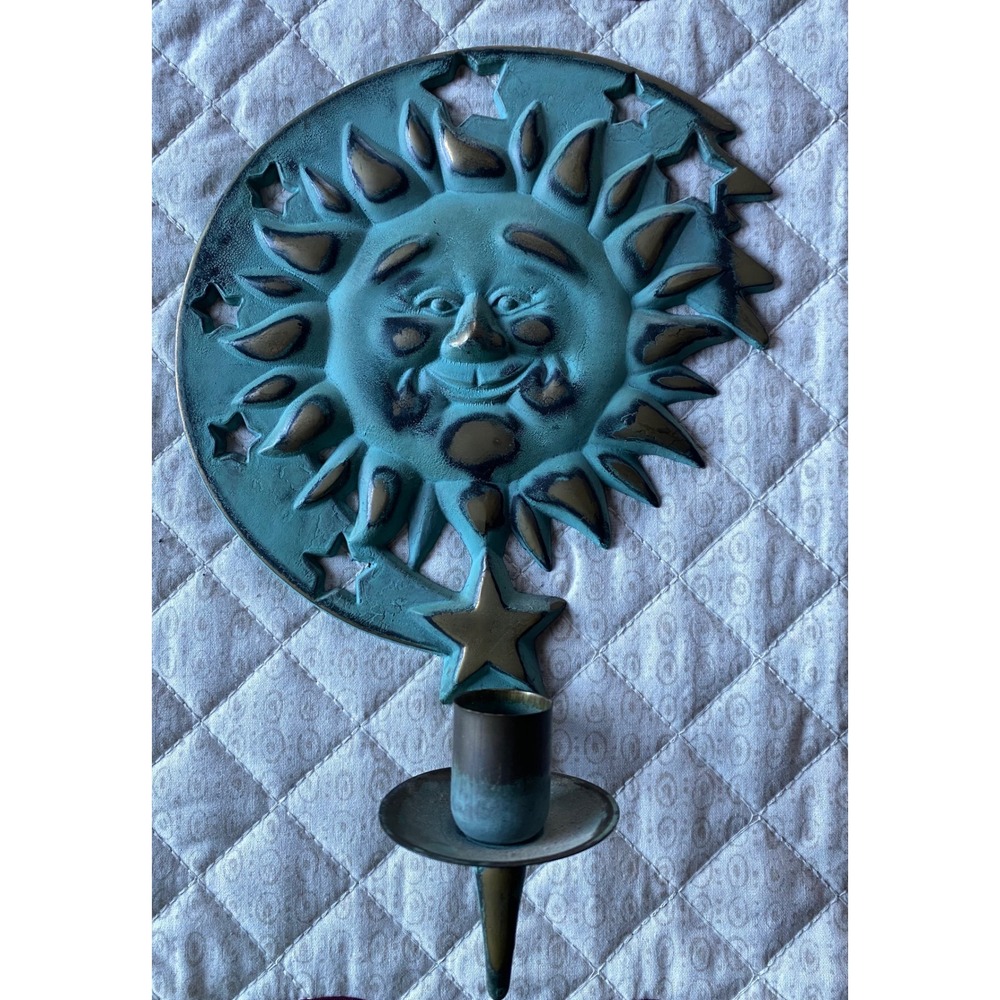 Vintage 1994 Partylite Sun and Moon Wall Sconce Pair Teal Verdigris Celestial - Picture 4 of 14